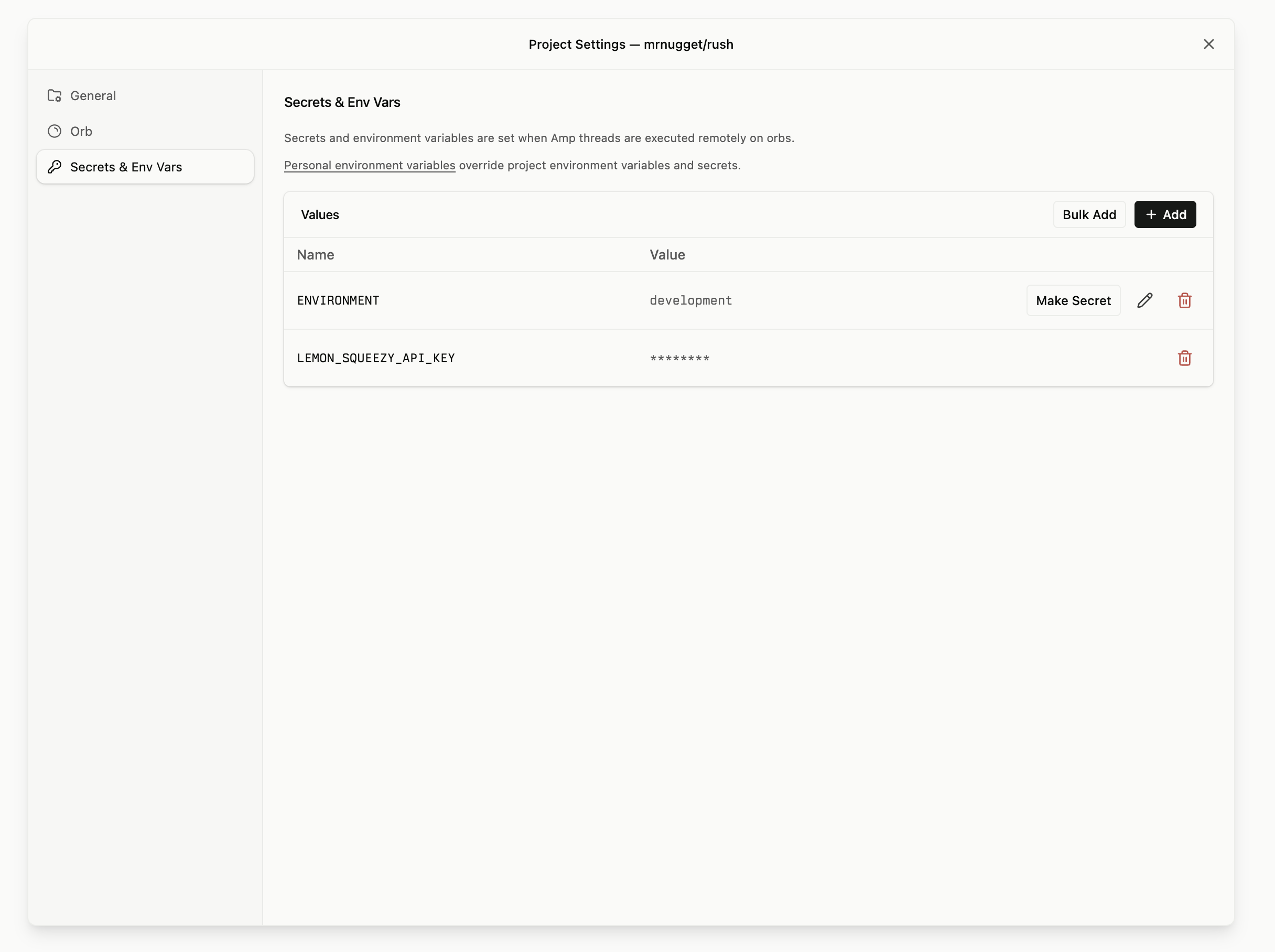 Project settings page showing environment variables and secrets for orbs